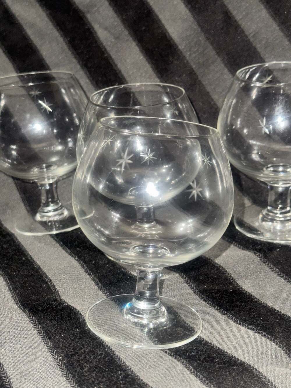 Mid century atomic Starburst Etched Crystal Brandy Snifter Glass x4 vintage
